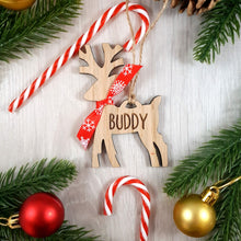 Load image into Gallery viewer, Personalised Reindeer Tree Decoration - Sustainable Oak Wooden Bauble
