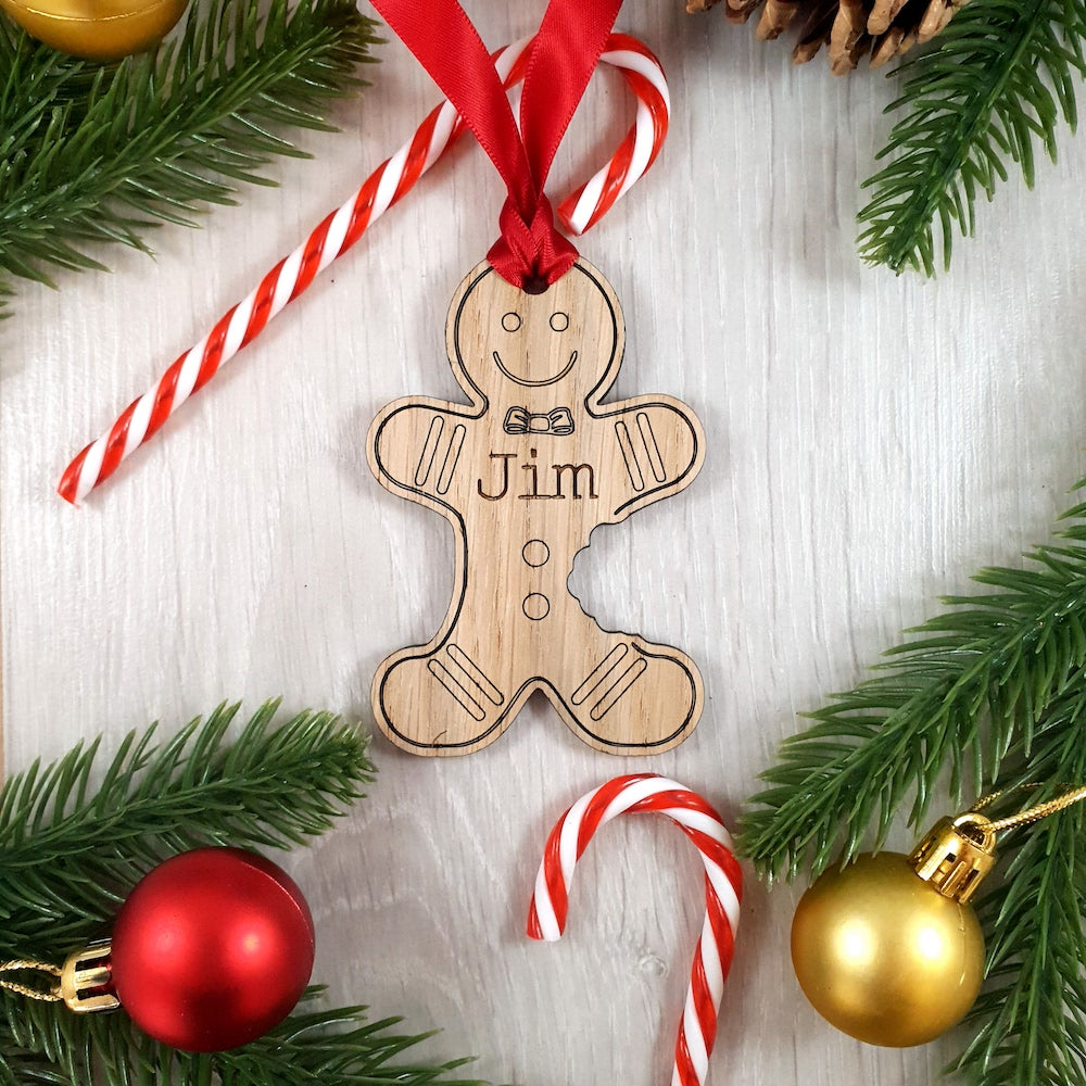 Personalised Gingerbread Man Tree Decoration - Sustainable Oak Wooden Bauble