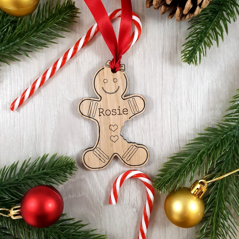 Personalised Gingerbread Woman Tree Decoration - Sustainable Oak Wooden Bauble