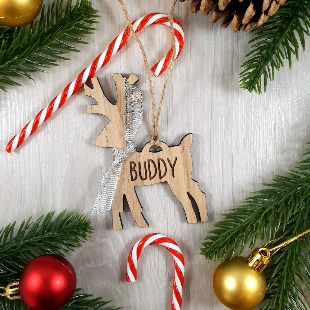Personalised Reindeer Tree Decoration - Sustainable Oak Wooden Bauble
